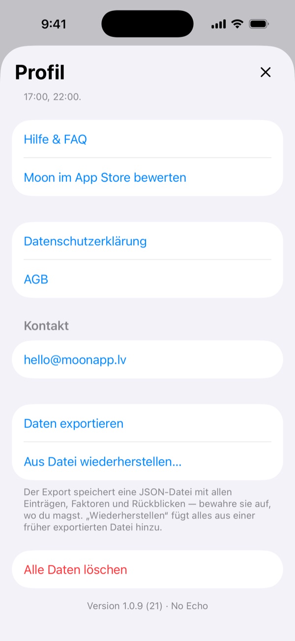 Settings screen with Export Data and Restore from File… rows