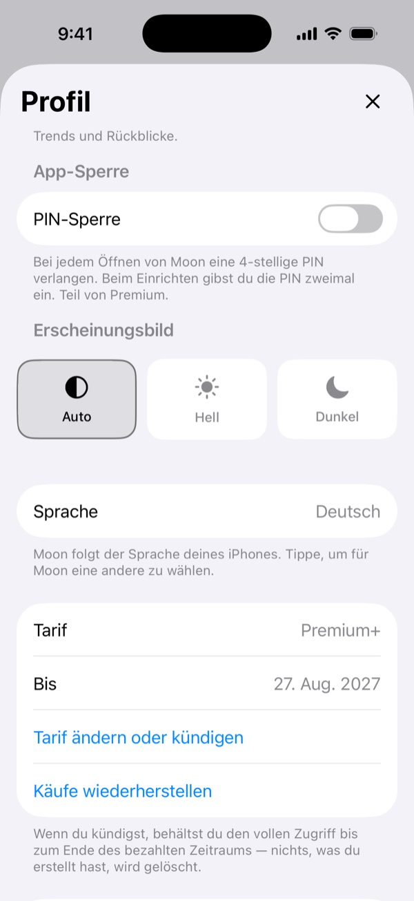 Settings screen with the Subscription section: Plan, Until, Change or Cancel Plan, Restore Purchases