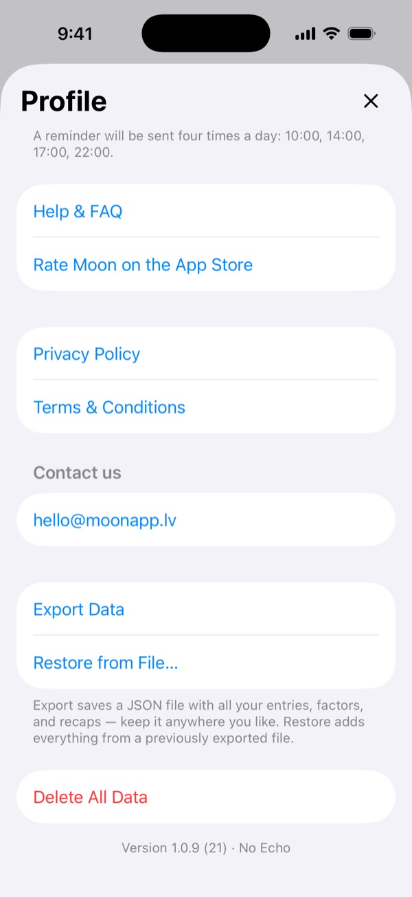 Settings screen with Export Data and Restore from File… rows