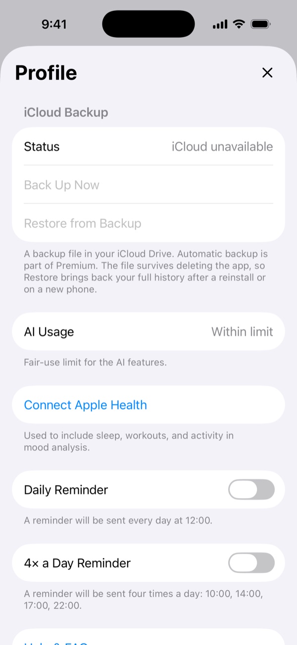 Settings screen with the Connect Apple Health button
