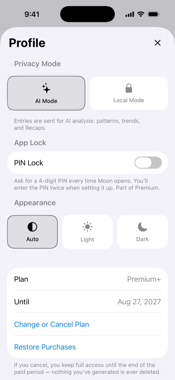 Settings screen with the Subscription section: Plan, Until, Change or Cancel Plan, Restore Purchases