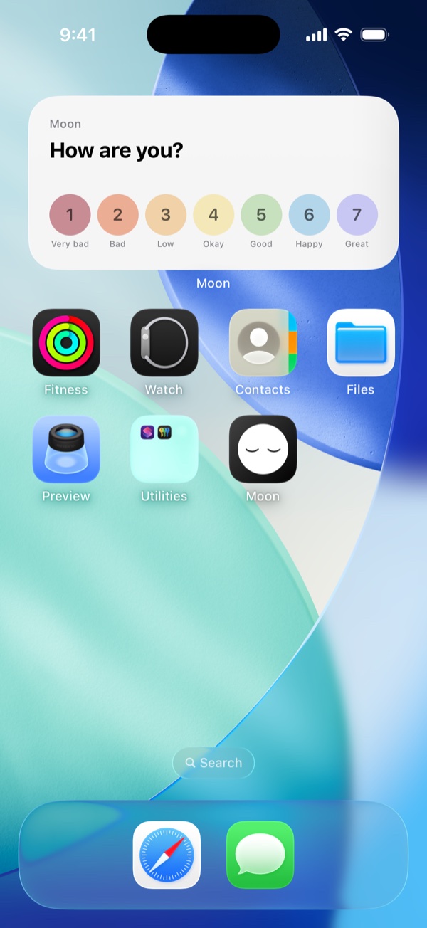Home screen with the Moon widget: How are you? and seven numbered mood buttons